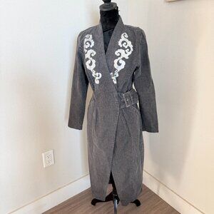 Passport Gray Denim Duster Jacket w Silver Scroll Print | Belted Long Coat | Siz